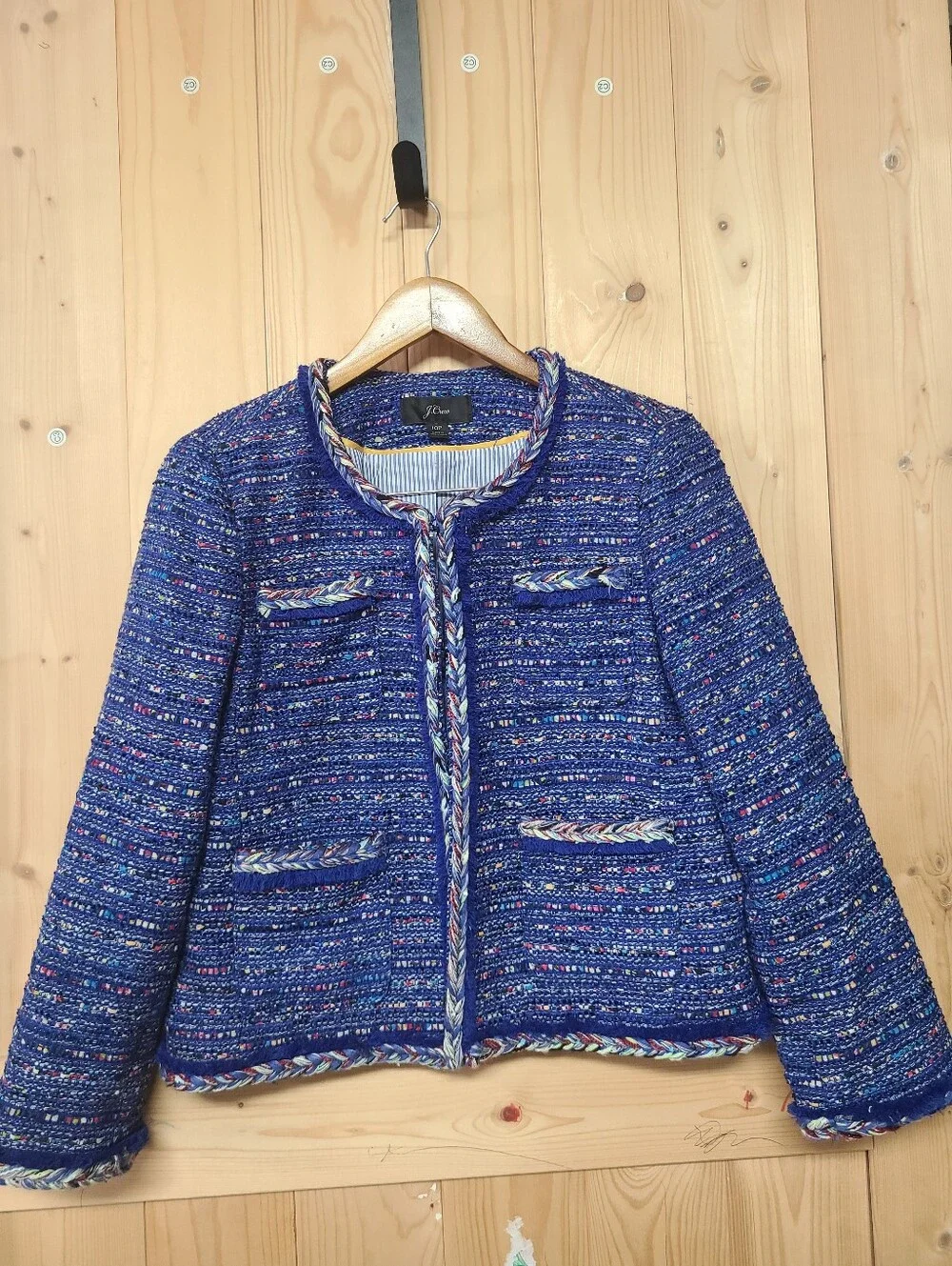 J.Crew Cropped Bouclé Jacket in Vibrant Blue Tweed